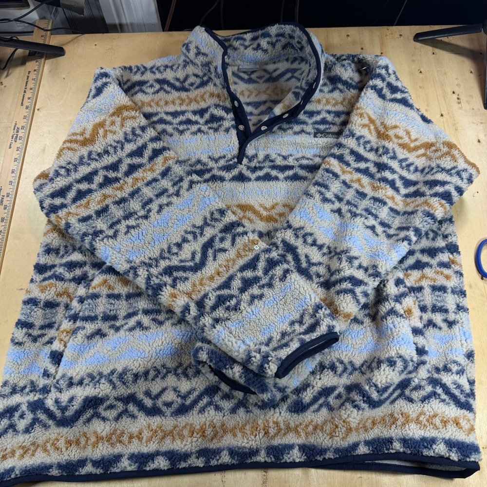 Columbia Mens XXL Sherpa Fleece Pullover Snap Neck Blue Geometric Fair Isle